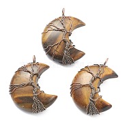 Natural Tiger Eye Tree of Life Wire Wrapped Pendants, with Red Copper Brass Findings, Crescent Moon, Nickel Free, 43~47x31~35x11~13mm, Hole: 4~5mm(G-L520-E07-R-NF)