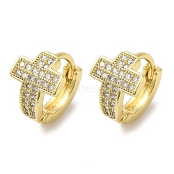 Brass Pave Clear Cubic Zirconia Huggie Hoop Earrings for Women, Real 18K Gold Plated, Cross, 10.5x8mm(EJEW-C097-12G-05)