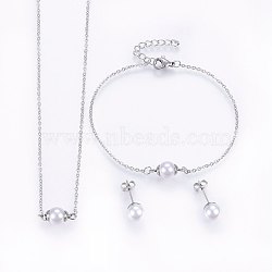 304 Stainless Steel Jewelry Sets, Pendant Necklaces & Stud Earrings & Bracelets, with Acrylic Beads, Stainless Steel Color, 16.54 inch(42cm), 7-1/8 inch(18cm), 20x8mm, Pin: 0.8mm(SJEW-H138-27P)