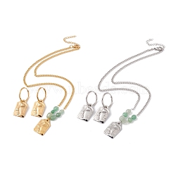 Abstract Face Dangle Stud Earrings and Pendant Necklace with Natural Green Aventurine, 304 Stainless Steel Jewelry Set for Women, Mixed Color, 17.72 inch(45cm), 40mm, Pin: 0.7mm(SJEW-E043-02)