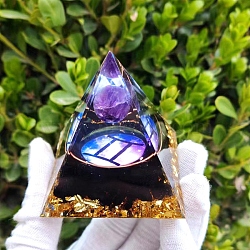 Orgonite Pyramid Resin Energy Generators, Reiki Natural Amethyst & Natural Obsidian Chips Inside for Home Office Desk Decoration, Gemini, 50mm(PW-WG55248-03)