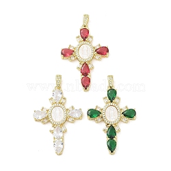 Real 18K Gold Plated Brass Micro Pave Cubic Zirconia Pendants, with Glass and Resin, Cross, Mixed Color, 46x31x5mm, Hole: 3.3x4.7mm(KK-A209-14G)