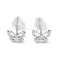 Rhodium Plated Hollow Butterfly 999 Sterling Silver Stud Earrings for Women, with 999 Stamp, Platinum, 7x8.5mm(EJEW-S215-24P)