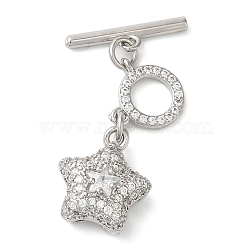 Brass Micro Pave Clear Cubic Zirconia Toggle Clasps, Star, Platinum, 31mm, Bar: 16x4x1mm, Hole: 1.2mm; Ring: 9x10x2mm, Hole: 1mm(KK-N254-81P)