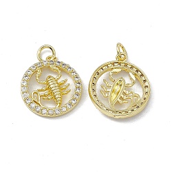 Real 18K Gold Plated Brass Micro Pave Clear Cubic Zirconia Pendants, with Jump Ring, Ring with Constellation Charm, Scorpio, 18.5x16x3mm, Hole: 3.4mm(KK-E068-VB409-8)