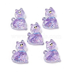 Transparent Resin Bowknot Kitten Decoden Cabochons, Cat Shape with Glitter Powder, Lilac, 28x20x7mm(RESI-M045-07F)