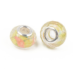 Resin European Beads, Large Hole Beads, with Silver Color Plated Brass Cores, Faceted, Rondelle, Champagne Yellow, 14x9mm, Hole: 5mm(RPDL-S010-44)