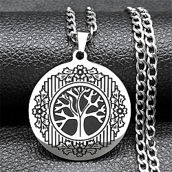 304 Stainless Steel Pendant Necklaces, Flat Round with Tree of Life, Stainless Steel Color, 23.46 inch(59.6cm)(NJEW-C066-01P)