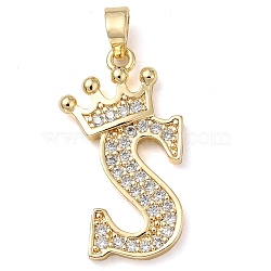 Rack Plating Brass Micro Pave Cubic Zirconia Pendants, Long-Lasting Plated, Lead Free & Cadmium Free, Real 18K Gold Plated, Letter S, 22~24x12~22x2mm, Hole: 3x4mm(KK-D535-01S-RS)