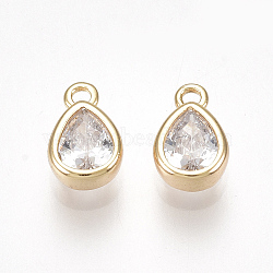 Brass Cubic Zirconia Charms, teardrop, Clear, Nickel Free, Real 18K Gold Plated, 6x4x2mm, Hole: 0.8mm(X-KK-S350-089G)