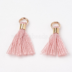 Polycotton(Polyester Cotton) Tassel Pendant Decorations, Mini Tassel, with Brass Findings, Light Gold, Pink, 10~15x3~4mm, Hole: 2mm(FIND-S275-25G)