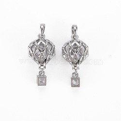 Brass Micro Pave Clear Cubic Zirconia Pendants, Nickel Free, Square, Real Platinum Plated, 21x9x6mm, Hole: 2x2mm, square: 5x3x3mm(KK-S364-100)