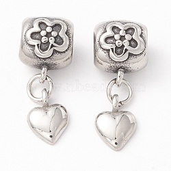 304 Stainless Steel European Dangle Charms, Large Hole Pendants, Manual Polishing, Heart, Antique Silver, 23.5mm, Hole: 4.8mm, Heart: 10x7x3mm(STAS-M298-15AS)