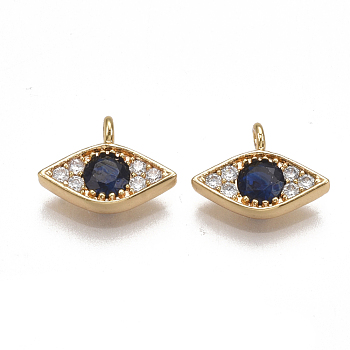 Brass Micro Pave Cubic Zirconia Charms, Nickel Free, Real 18K Gold Plated, Eye, Clear & Blue, 9x12x2.5mm, Hole: 1.2mm