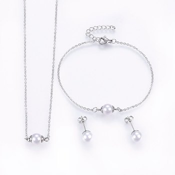 304 Stainless Steel Jewelry Sets, Pendant Necklaces & Stud Earrings & Bracelets, with Acrylic Beads, Stainless Steel Color, 16.54 inch(42cm), 7-1/8 inch(18cm), 20x8mm, Pin: 0.8mm