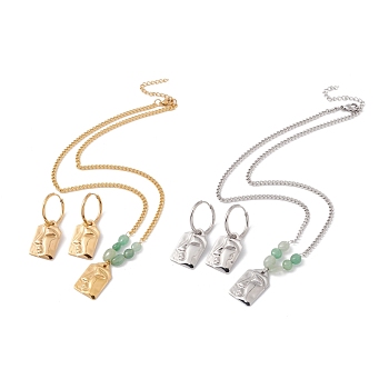 Abstract Face Dangle Stud Earrings and Pendant Necklace with Natural Green Aventurine, 304 Stainless Steel Jewelry Set for Women, Mixed Color, 17.72 inch(45cm), 40mm, Pin: 0.7mm