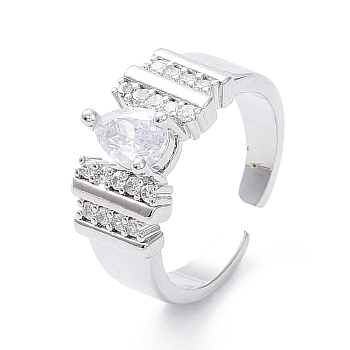 Cubic Zirconia Teardrop Open Cuff Ring, Platinum Brass Jewelry for Women, Clear, Inner Diameter: 16.8mm