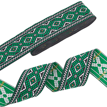 Ethnic Style Polyester Ribbon, for Clothing Accessories, Green, Flat, Rhombus Pattern, 2 inch(50mm), about 7.66 Yards(7m)/Bundle