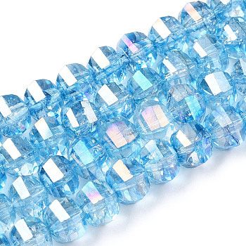 Transparent Electroplate Glass Beads Strands, AB Color Plated, Faceted, Round, Deep Sky Blue, 8x6mm, Hole: 1.2mm, about 60pcs/strand, 14.96 inch(38cm)