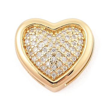 Brass Micro Pave Cubic Zirconia Slide Charms, Long-Lasting Plated, Heart, Golden, 13x14x5.5mm, Hole: 1.5x6.5mm and 10x2mm