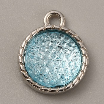 Plastic Pendants, December Birthstone Charms, with Alloy Cabochon Settings, Flat Round, Sky Blue, 18.5x15x5mm, Hole: 2.5mm