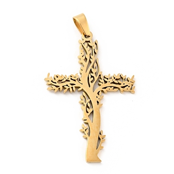 201 Stainless Steel Pendants, Cross with Tree, Golden, 47x31.5x2mm, Hole: 6.5x4mm