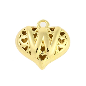 Hollow Brass Pendants for Valentine's Day, Heart with Letter, Real 18K Gold Plated, Letter W, 25x26x13mm, Hole: 2.5mm