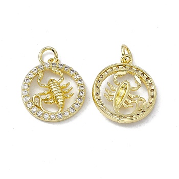 Real 18K Gold Plated Brass Micro Pave Clear Cubic Zirconia Pendants, with Jump Ring, Ring with Constellation Charm, Scorpio, 18.5x16x3mm, Hole: 3.4mm