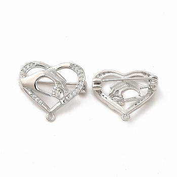 Cubic Zirconia Heart with Hand Brooch Pin, Brass Badge for Mother's Day, Platinum, 23x19.5x3.5~7.5mm, Hole: 1.2mm
