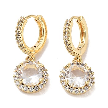 Real 18K Gold Plated Brass Dangle Hoop Earrings, with Cubic Zirconia and Glass, Flat Round, Clear, 29x12mm