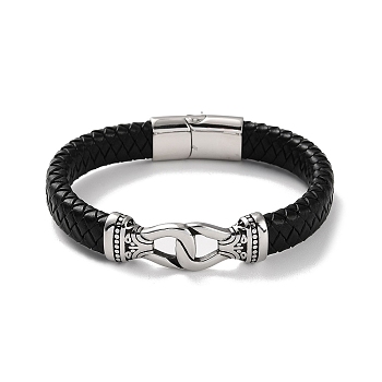 Men's Braided Black PU Leather Cord Bracelets, Lock 304 Stainless Steel Link Bracelets with Magnetic Clasps, Antique Silver, 8-3/4 inch(22.2cm)