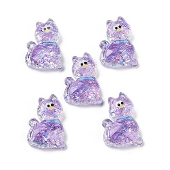 Transparent Resin Bowknot Kitten Decoden Cabochons, Cat Shape with Glitter Powder, Lilac, 28x20x7mm