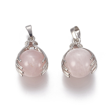 Gemstone Pendants, with Brass Findings and Natural Rose Quartz, Round, Platinum, Pink, 27x18mm, Hole: 4x6mm