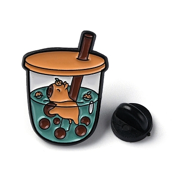 Bubble Tea Zinc Alloy Brooch, Animal Drink Enamel Pins, Capybaras, 29x22x1.5mm