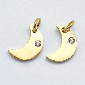 316 Surgical Stainless Steel Pendants, with Cubic Zirconia, Moon, Clear, Real 18K Gold Plated, 12x9x2mm, Hole: 3mm