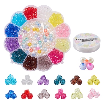 DIY Candy Color Bracelet Making Kit, Including Round & Cube Acrylic & ABS Plastic Pearl Beads, Elastic Thread, Mixed Color, 390Pcs/set