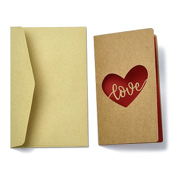 Kraft Paper Greeting Cards, Tent Card, Mother's Day Theme, with Envelope, Rectangle with Word Love, Heart, 187x118x0.5mm
