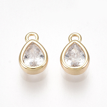 Brass Cubic Zirconia Charms, teardrop, Clear, Nickel Free, Real 18K Gold Plated, 6x4x2mm, Hole: 0.8mm