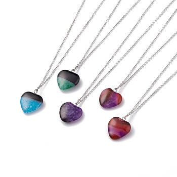 Dyed Natural Agate Heart Pendant Necklace, with 304 Stainless Steel  Chain, Mixed Color, 17.91 inch(455mm)