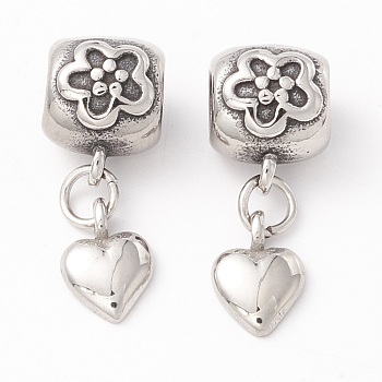 304 Stainless Steel European Dangle Charms, Large Hole Pendants, Manual Polishing, Heart, Antique Silver, 23.5mm, Hole: 4.8mm, Heart: 10x7x3mm