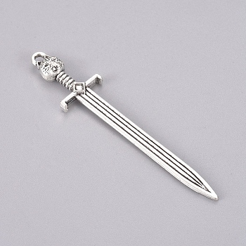 Tibetan Style Alloy Big Pendants, Long Swords, for Crafting, Jewelry Making, Antique Silver, 66.7x14.5x5.5mm, Hole: 2mm