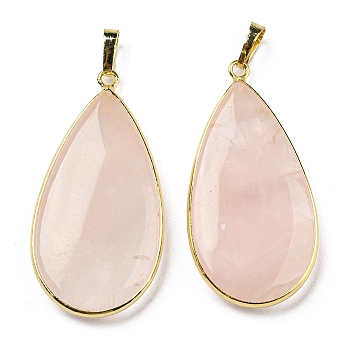 Natural Rose Quartz Pendants, Teardrop Charms with Rack Plating Golden Tone Brass Findings, 42.5x21x4.5~5mm, Hole: 7x4mm