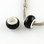 Large Hole Rondelle Resin European Beads, with Silver Color Plated Brass Double Core, Black, 14x9mm, Hole: 5mm(RPDL-Q004-02C)