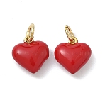 Brass Enamel Charms, Heart Charms, Cadmium Free & Lead Free, Long-Lasting Plated, Rack Plating, Real 18K Gold Plated, with Jump Ring, FireBrick, 13x12x5.5mm, Hole: 4mm(KK-G548-05G)