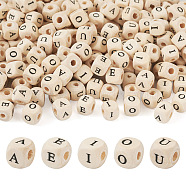 250Pcs 5 Styles Printed Natural Schima Wood Beads, Horizontal Hole, Cube with Initial Letter, Antique White, 8x8x8mm, 50pcs/style(WOOD-KS0001-22)