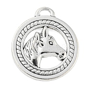 Tibetan Style Alloy Pendants, Flat Round with Horse Head, Cadmium Free & Lead Free, Antique Silver, 28x25x4mm, Hole: 3.5mm, about 160pcs/1000g(TIBEP-S293-015AS-LF)