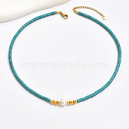 Synthetic Turquoise Column & Natural Pearl Beaded Necklace, 17.72 inch(45cm)(DK7962-1)