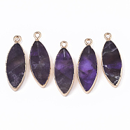 Edge Golden Plated Natural Amethyst Pendants, with Iron Loop, Horse Eye, 28.5~30.5x10.5x3.5mm, Hole: 1.6mm(G-T131-06D)