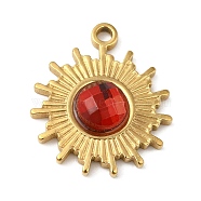 Real 18K Gold Plated 304 Stainless Steel Pendants, with Glass, Sun Charms, Red, 19x16x3.5~4.5mm, Hole: 1.6mm(STAS-A084-21G-03)