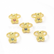 Cubic Zirconia Bear with Heart Open Cuff Ring, Golden Brass Jewelry for Women, Mixed Color, Inner Diameter: 17mm(KK-A180-38G)